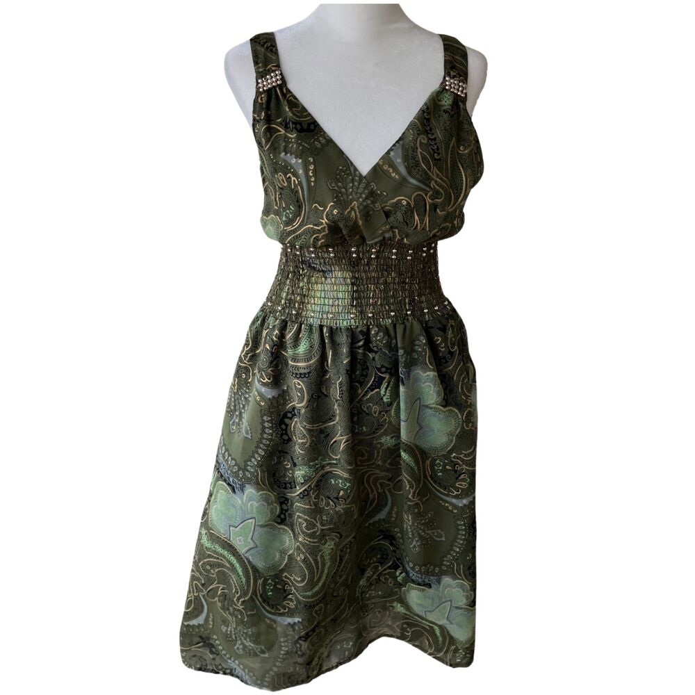 Green Babydoll Paisley Midi Dress Sleeveless Smocked Waist Fairy Goblincore